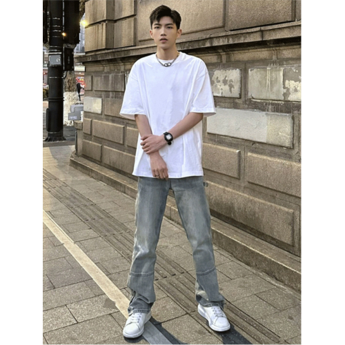 潮牌美式復古短袖男t恤夏季歐美高街hiphop純色純棉半袖圓領襯衫