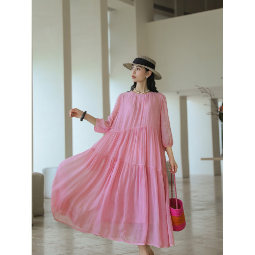 麻霖100支純苧麻加撚細皺成衣染色圓領七分泡泡袖輕盈飄逸連衣裙