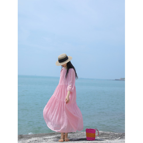 麻霖100支純苧麻加撚細皺成衣染色圓領七分泡泡袖輕盈飄逸連衣裙