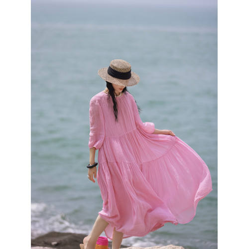 麻霖100支純苧麻加撚細皺成衣染色圓領七分泡泡袖輕盈飄逸連衣裙