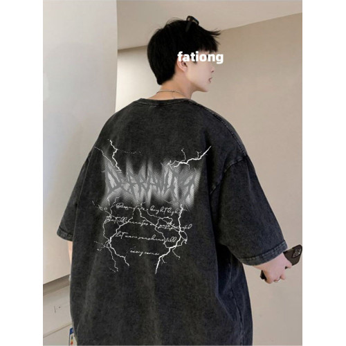 青少年美式高街閃電印花做舊水洗短袖男t恤2025新款復古純棉上衣