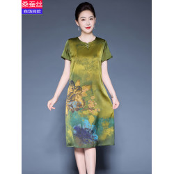 杭州重磅真絲2025夏季新款印花緞面連衣裙中年媽媽裝桑蠶絲寬鬆裙