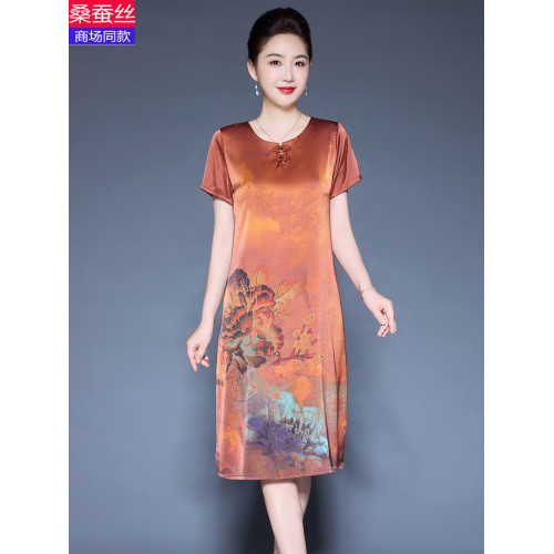 杭州重磅真絲2025夏季新款印花緞面連衣裙中年媽媽裝桑蠶絲寬鬆裙