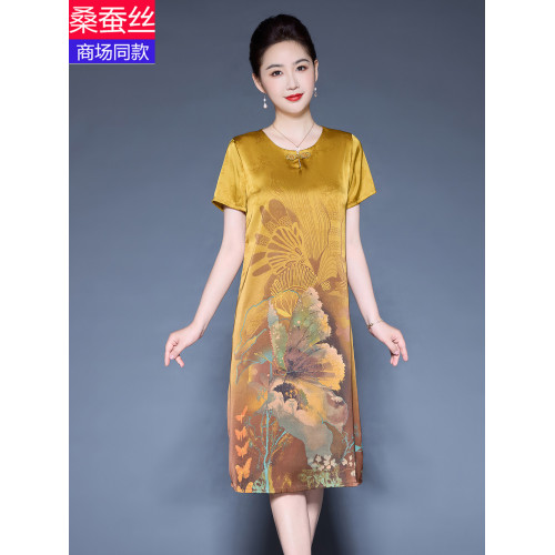 杭州重磅真絲2025夏季新款印花緞面連衣裙中年媽媽裝桑蠶絲寬鬆裙