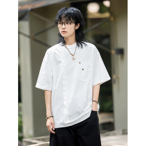 弎狸TIP日系復古小衆設計感不對稱口袋短袖男t恤夏季休閒落肩體恤
