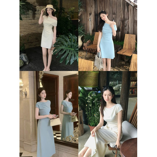 法式藍色露肩後媽連衣裙輕奢高級感女裝夏季2025新款巨好看長裙子