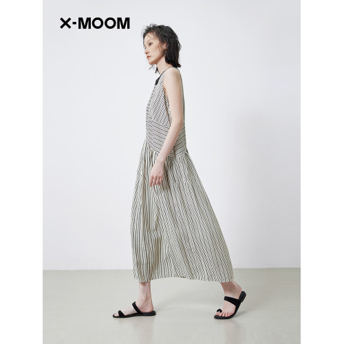 【商場同款】X--MOOM2025夏季新款條紋印花撞色圓領無袖連衣裙女
