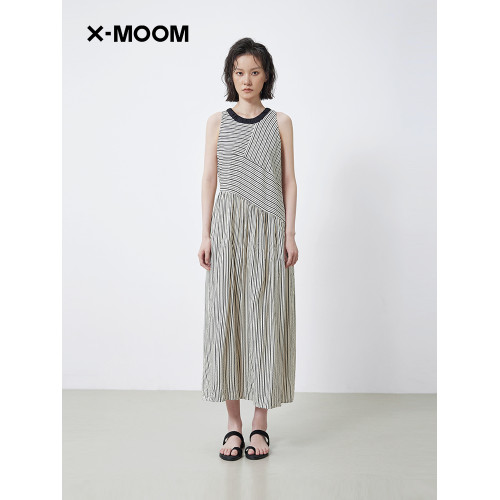 【商場同款】X--MOOM2025夏季新款條紋印花撞色圓領無袖連衣裙女