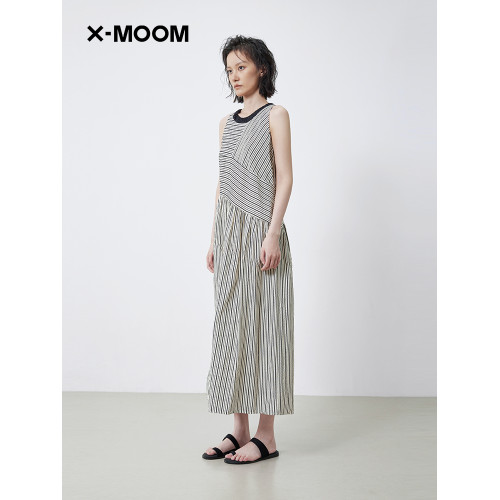 【商場同款】X--MOOM2025夏季新款條紋印花撞色圓領無袖連衣裙女