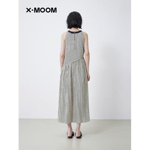 【商場同款】X--MOOM2025夏季新款條紋印花撞色圓領無袖連衣裙女