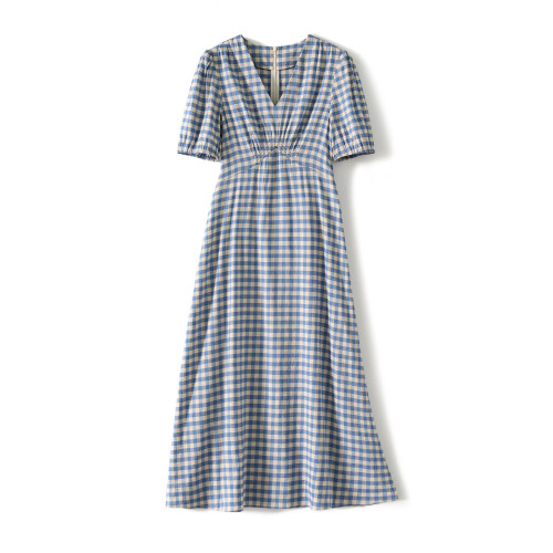 【港島格調】法式茶歇裙色織亞麻復古格子泡泡袖收腰連衣裙新款の