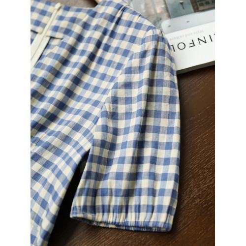 【港島格調】法式茶歇裙色織亞麻復古格子泡泡袖收腰連衣裙新款の