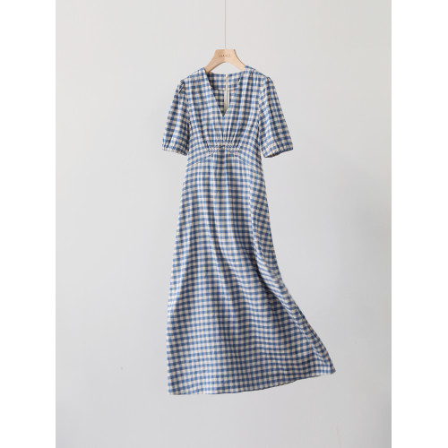 【港島格調】法式茶歇裙色織亞麻復古格子泡泡袖收腰連衣裙新款の