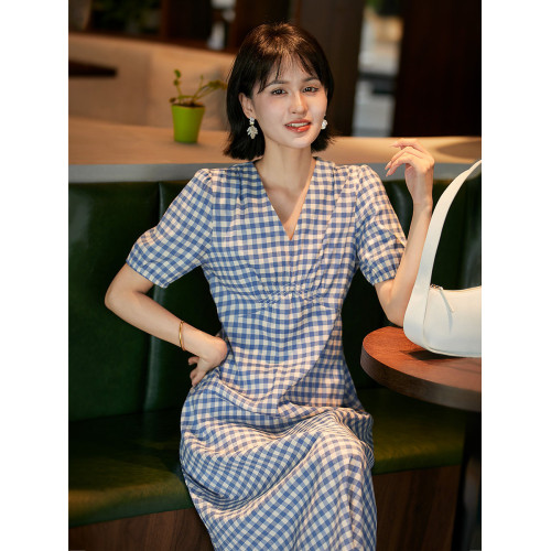 【港島格調】法式茶歇裙色織亞麻復古格子泡泡袖收腰連衣裙新款の