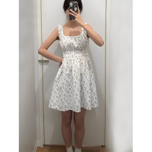 日單2025夏小個子抽褶印花連衣裙無袖寬肩帶短裙475807/477842