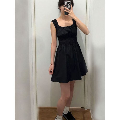 日單2025夏小個子抽褶印花連衣裙無袖寬肩帶短裙475807/477842