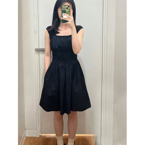 日單2025夏小個子抽褶印花連衣裙無袖寬肩帶短裙475807/477842