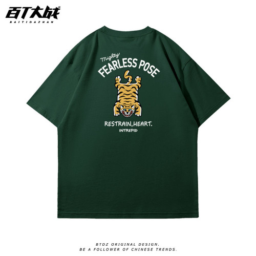 潮牌短袖男t恤夏季2025新款老虎設計感印花圓領休閒寬松純棉半袖