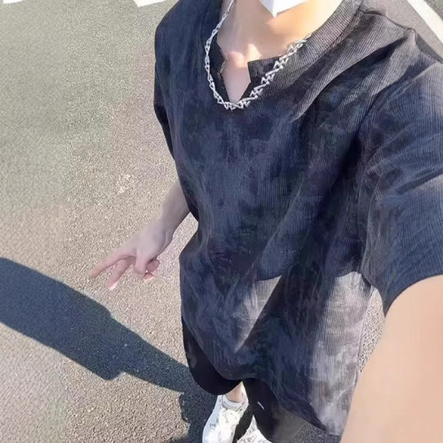 夏季新款亨利領小領口設計休閒ins寬松oversize短袖男T恤衣服半袖