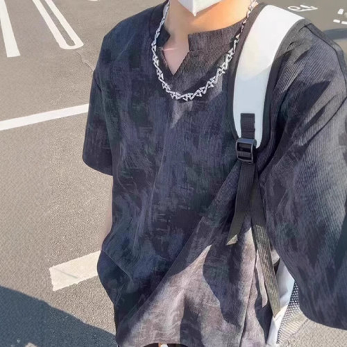 夏季新款亨利領小領口設計休閒ins寬松oversize短袖男T恤衣服半袖