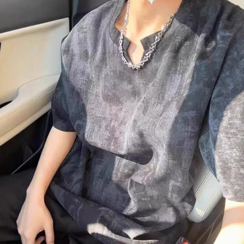 夏季新款亨利領小領口設計休閒ins寬松oversize短袖男T恤衣服半袖