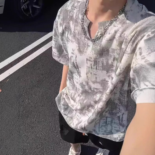 夏季新款亨利領小領口設計休閒ins寬松oversize短袖男T恤衣服半袖