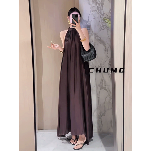 法式禦姐風無袖掛脖連衣裙女2025夏季新款高級感氣質寬松顯瘦長裙