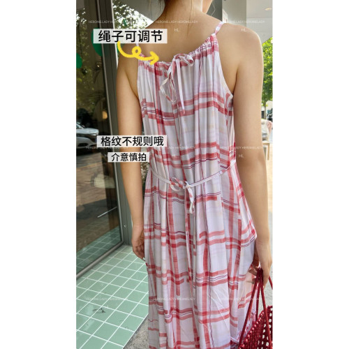【董小姐】HL棉綢夏季清新氣質顯白寬松格紋吊帶度假長款連衣裙