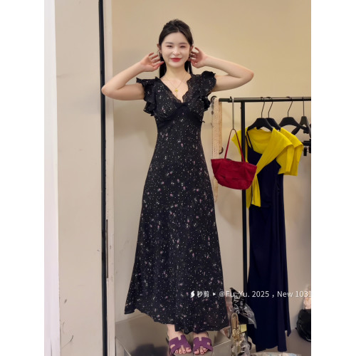 法式小飛袖黑色v領碎花連衣裙子女夏季2025新款夏日絕美蕾絲長裙