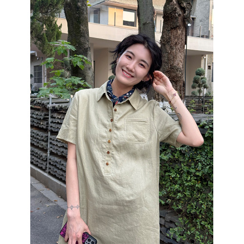 周浪清polo領亞麻短袖連衣裙女夏2025新款薄款寬松休閒中長款裙子