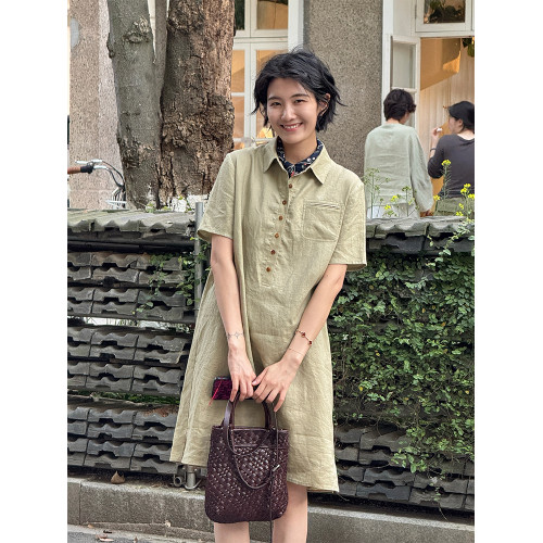 周浪清polo領亞麻短袖連衣裙女夏2025新款薄款寬松休閒中長款裙子