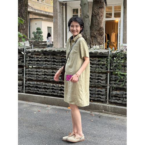 周浪清polo領亞麻短袖連衣裙女夏2025新款薄款寬松休閒中長款裙子