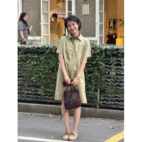 周浪清polo領亞麻短袖連衣裙女夏2025新款薄款寬松休閒中長款裙子