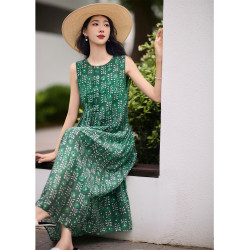 簡漫【綠蘿輕蔓】天絲亞麻 腰部不規則設計 寬鬆碎花無袖連衣裙女