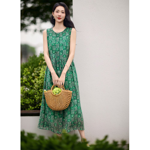 簡漫【綠蘿輕蔓】天絲亞麻 腰部不規則設計 寬鬆碎花無袖連衣裙女