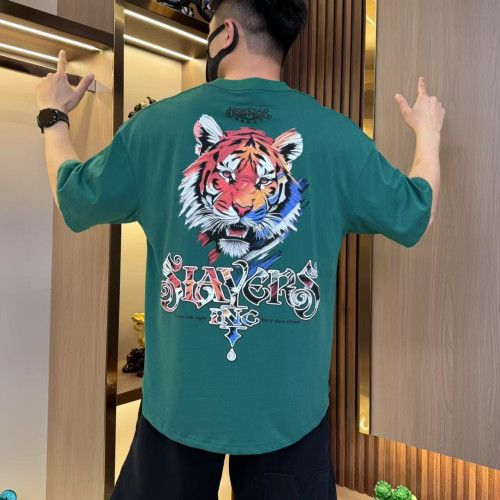 夏季新款時尚休閒百搭短袖弧形男t恤虎頭圖案潮流青年百搭燕尾服