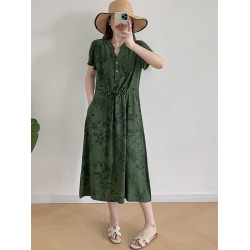 棉綢連衣裙女2024年夏季薄款收腰顯瘦立領碎花中長裙人造棉沙灘裙