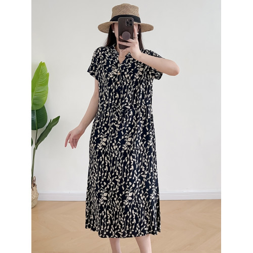 棉綢連衣裙女2024年夏季薄款收腰顯瘦立領碎花中長裙人造棉沙灘裙