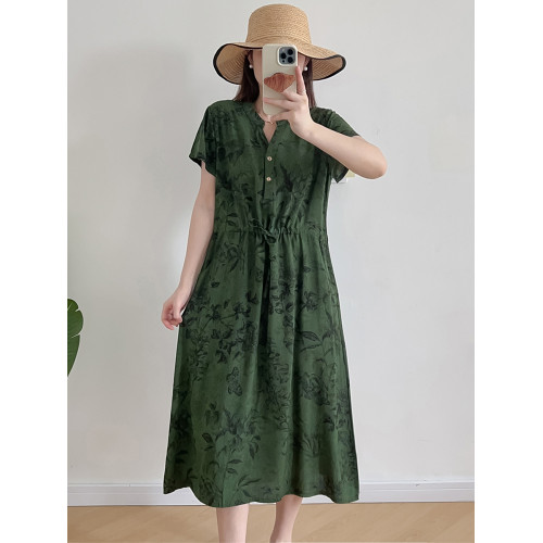 棉綢連衣裙女2024年夏季薄款收腰顯瘦立領碎花中長裙人造棉沙灘裙