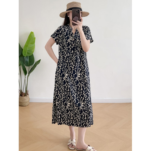 棉綢連衣裙女2024年夏季薄款收腰顯瘦立領碎花中長裙人造棉沙灘裙