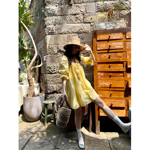 heidy海蒂 長崎夏日 木耳邊蕾絲寬鬆麻棉連衣裙女2025初夏穿搭