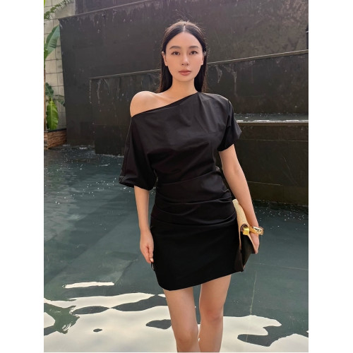 法式斜肩兩穿短款連衣裙女2025夏季新款設計感不規則氣質收腰長裙
