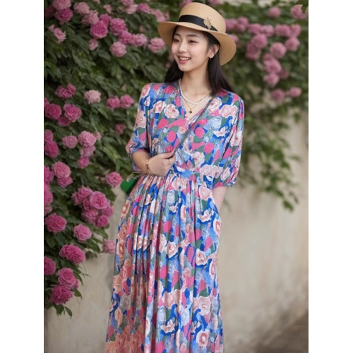 棉綢連衣裙碎花印花人造棉夏裝女裝修身顯瘦中長款口袋寬松微胖裙