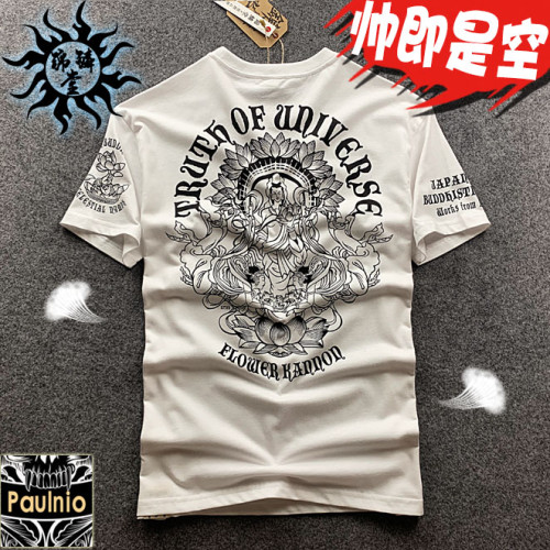 日系潮牌浮世繪蓮花觀音紋身純棉短袖 男t恤復古梵文印花歐美潮流