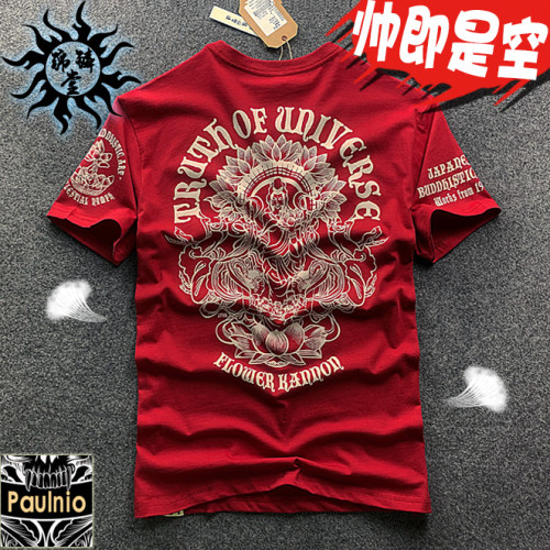 日系潮牌浮世繪蓮花觀音紋身純棉短袖 男t恤復古梵文印花歐美潮流