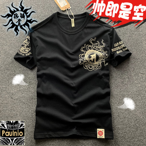 日系潮牌浮世繪蓮花觀音紋身純棉短袖 男t恤復古梵文印花歐美潮流
