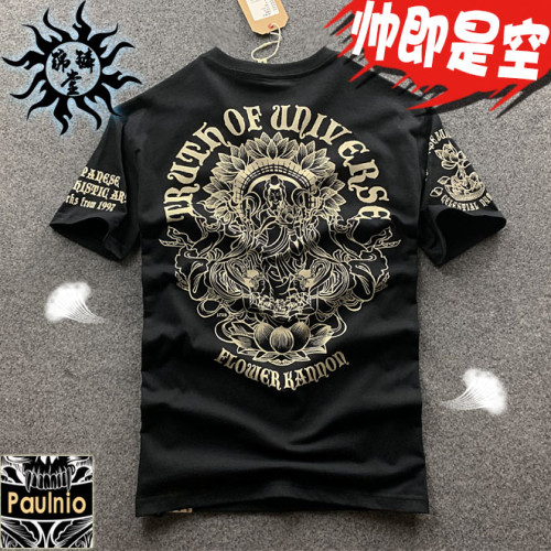 日系潮牌浮世繪蓮花觀音紋身純棉短袖 男t恤復古梵文印花歐美潮流