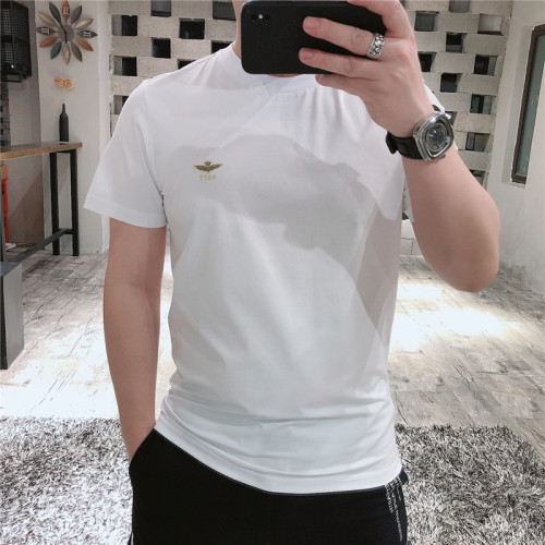 歐貨春夏新款玉蠶絲棉短袖男士精緻刺綉標燙金高級簡約修身男t恤