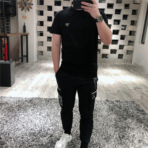 歐貨春夏新款玉蠶絲棉短袖男士精緻刺綉標燙金高級簡約修身男t恤