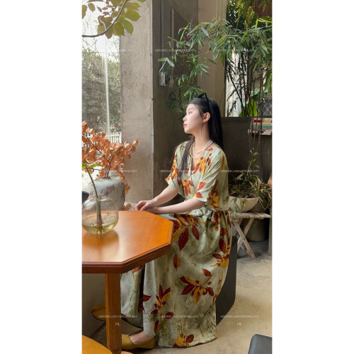 【楓葉蜜語】HL棉綢夏季國風休閒氣質顯瘦百搭法式高級長款連衣裙